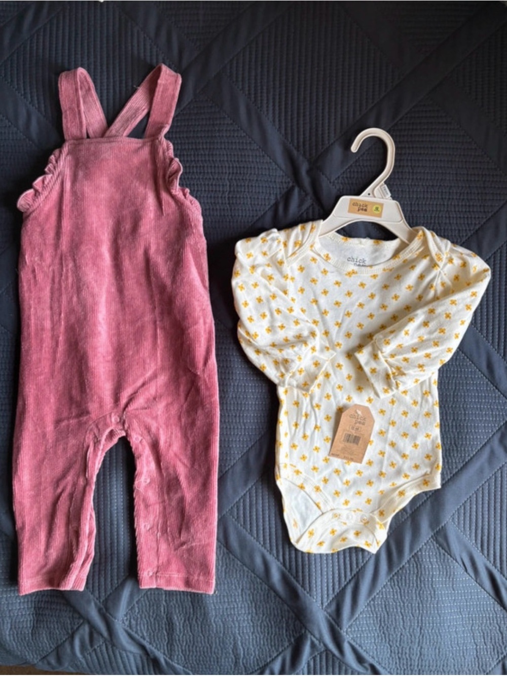 chick pea Pink Corduroy Overalls with Cream Floral Bodysuit